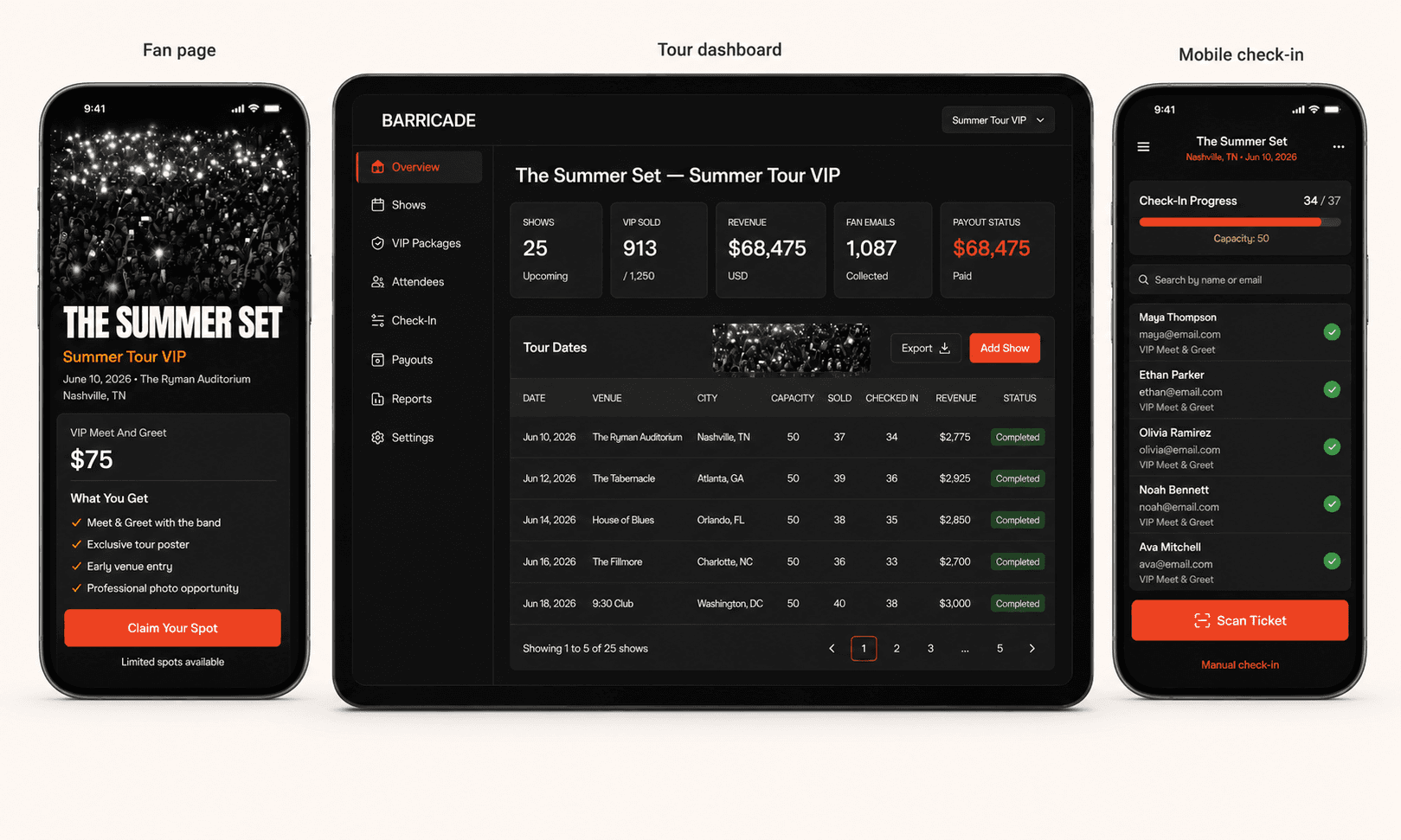 Barricade on desktop: a branded fan VIP page, the tour dashboard showing sales, revenue and check-ins, and mobile check-in.