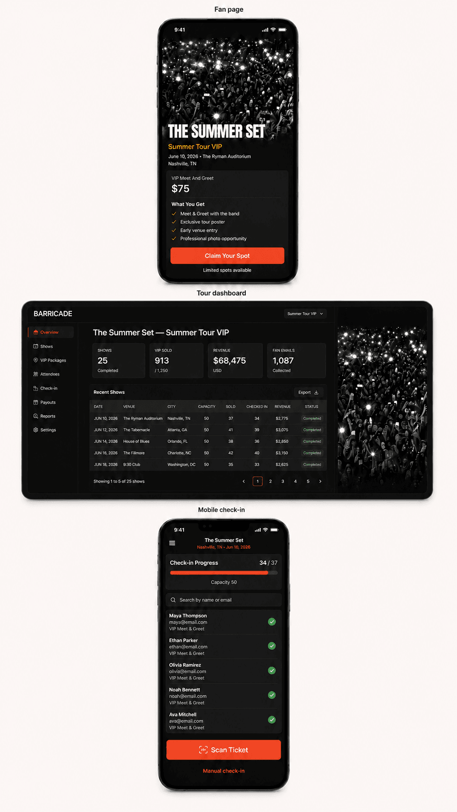 Barricade on mobile: a branded fan VIP page, the tour dashboard, and mobile check-in.